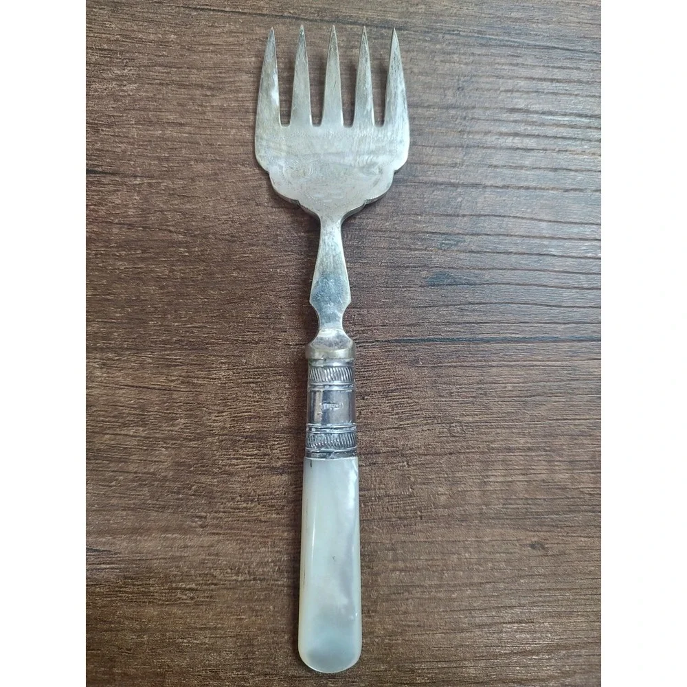 Antique EPNS Fish Serving Fork Mother of Pearl Handle Sterling Collar Engraved